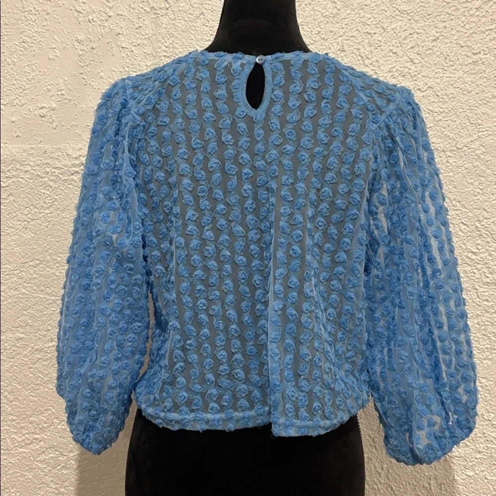 ZARA Sky Blue Textured Puff Sleeve Crop Top Cottagecore Romantic Boho Blouse M